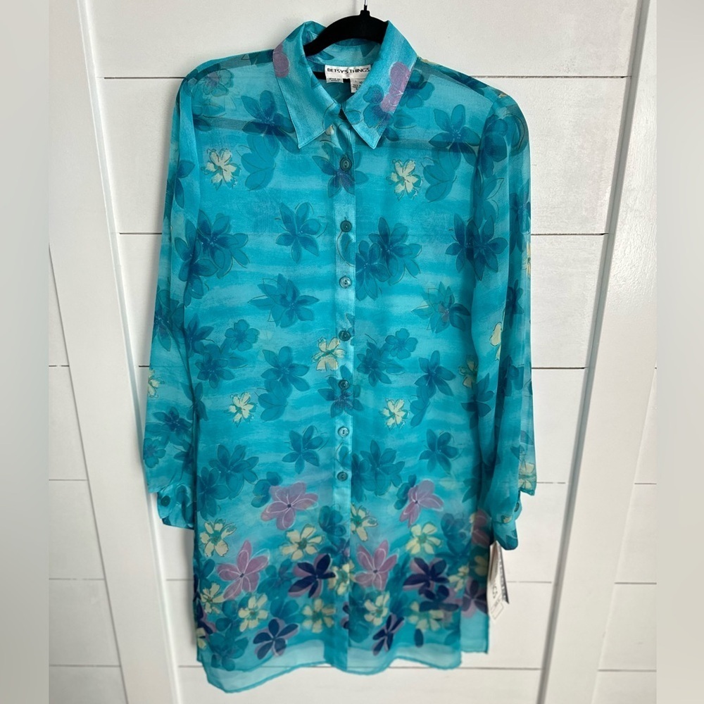 NWT VINTAGE BETSY’S THINGS blue sheer button coastal grandma floral tunic 10